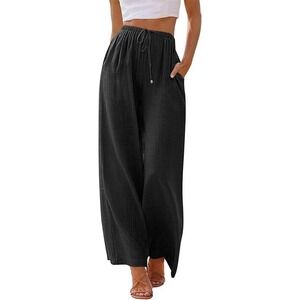 Linen Rayon Blend Wide Leg Palazzo Pants with Drawstring Waistband Size L